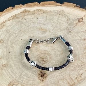 SALE Silver Leather Bracelet with Cougar Heads